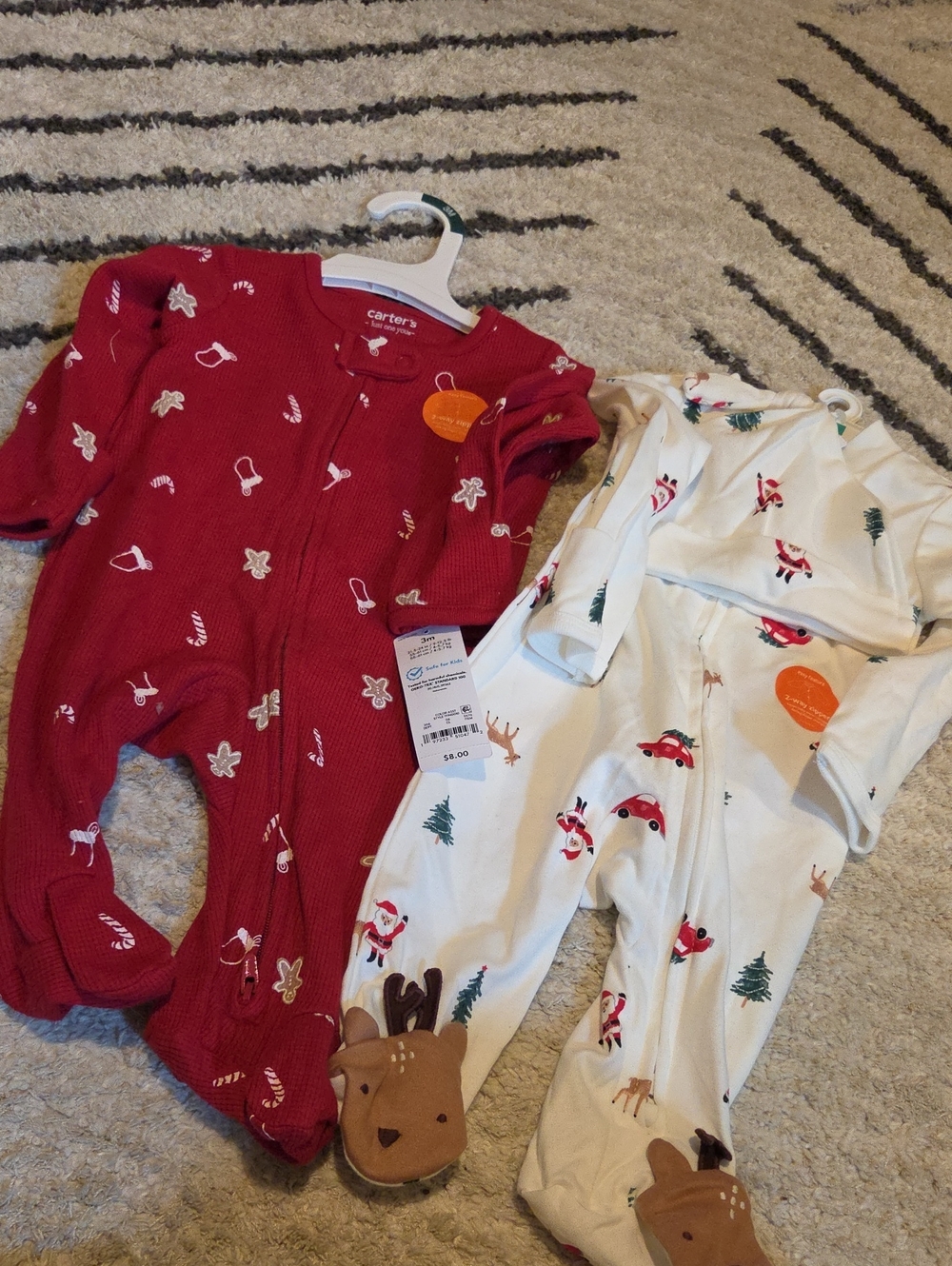 Carter's Red & Cream Holiday Footie One-Pieces with Reindeer Soles Lot Of 2
